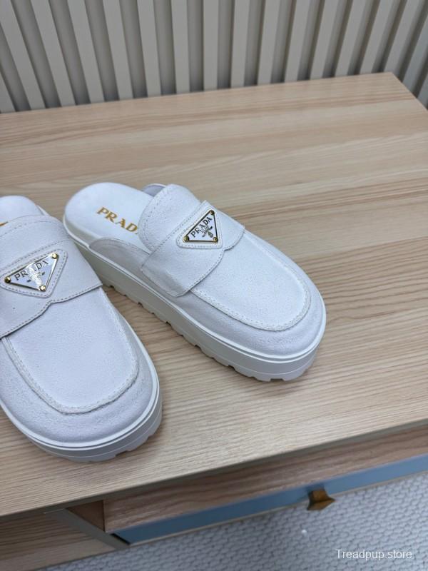 2025 Women Prada White Canvas Platform Loafers
