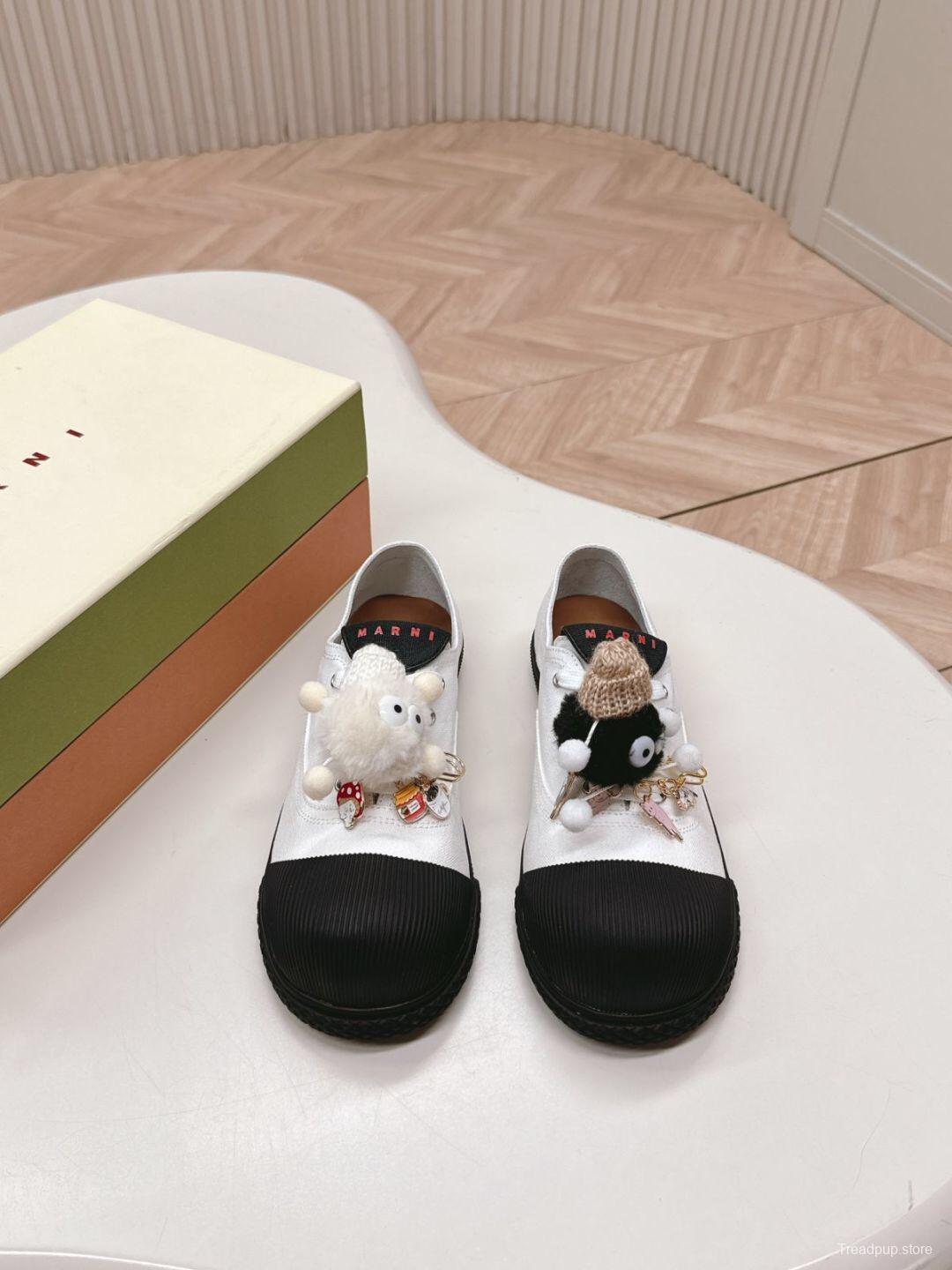 2025 Women Marni White Black Leather Casual Sneakers LY00250F