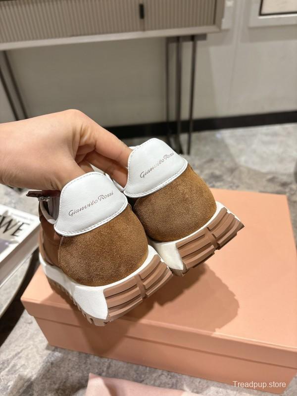 2025 Unisex Gianvito Rossi Brown White Leather Suede Mesh Sneakers KFY00340