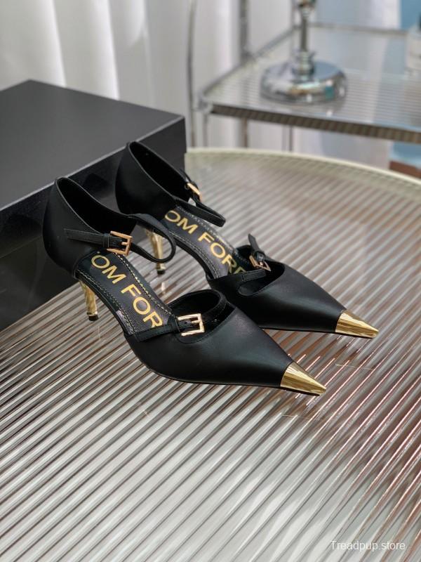 2025 Women TOM FORD Black Gold Leather Heels Metal Toe KFY00320