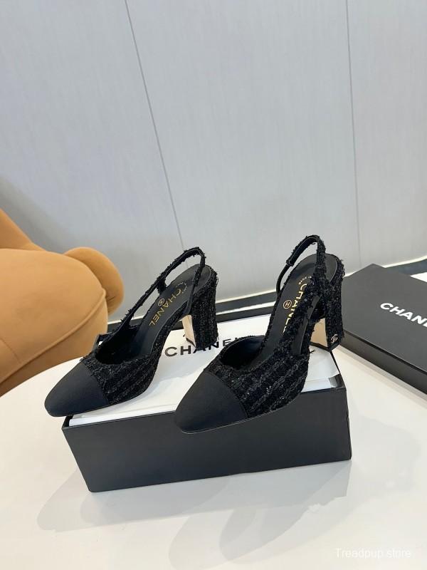 2025 Women Chanel Black Fabric Leather Slingback Heels