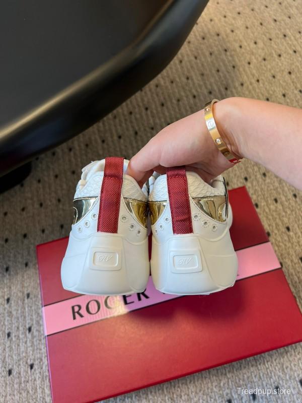 2025 Women Roger Vivier White Gold Leather Mesh Sneakers KFY00380