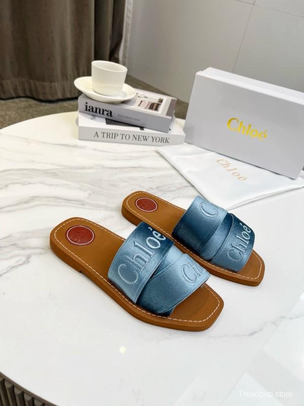 2025 Women Chloé Blue Denim Leather Slippers LY00200
