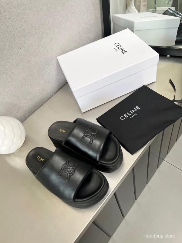 2025 Women Celine Black Leather Slippers