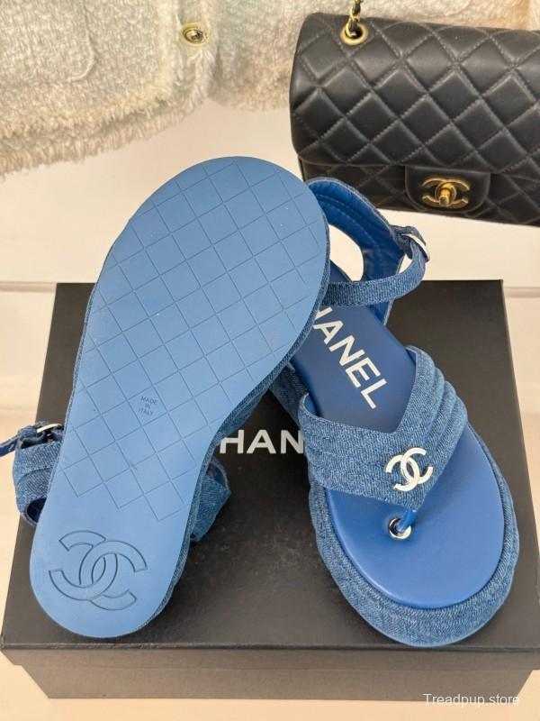 2025 Women Chanel Blue Denim Leather Platform Sandals KFY00260