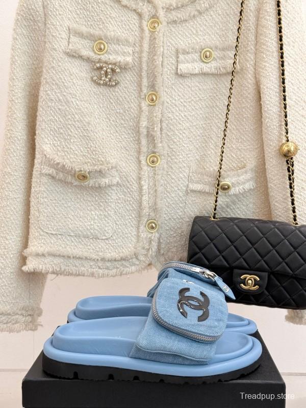 2025 Slippers Chanel Light Blue Denim Slippers KFY00220