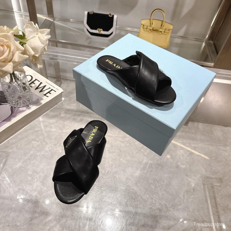 2025 Women Prada Black Leather Slippers