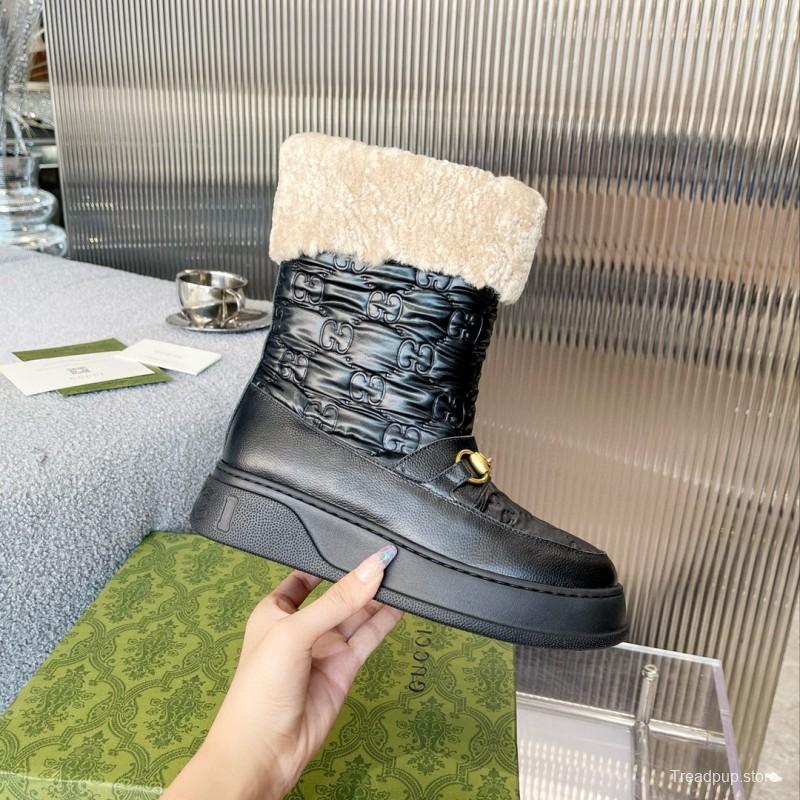2024 Women Gucci Black Sheepskin Snow Boots Metallic Hardware MJ00420
