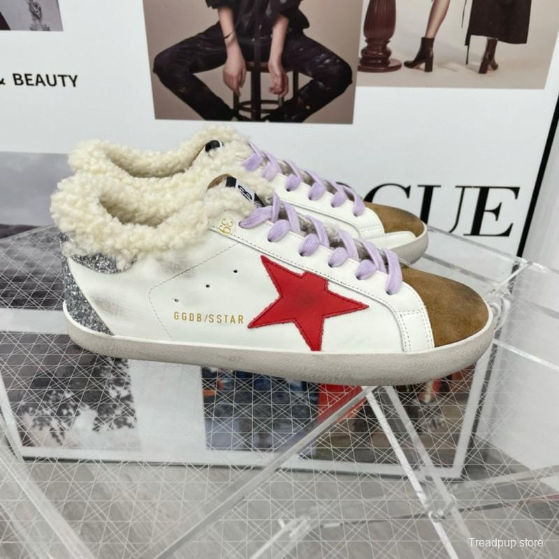 2025 Women GGDB White Red Brown Leather Shearling Sneakers