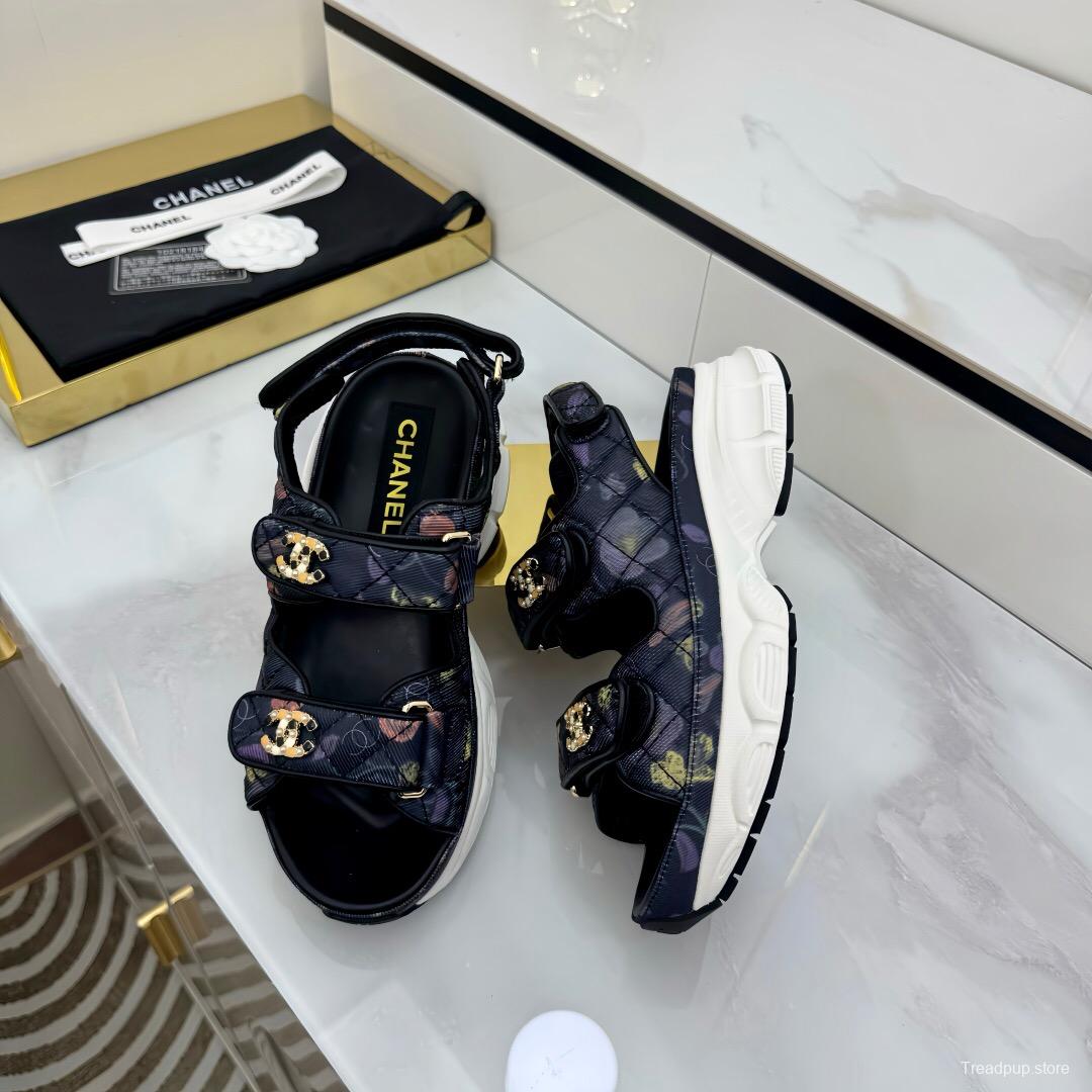 2025 Women Chanel Black Multicolor Fabric Leather Sandals LY00330