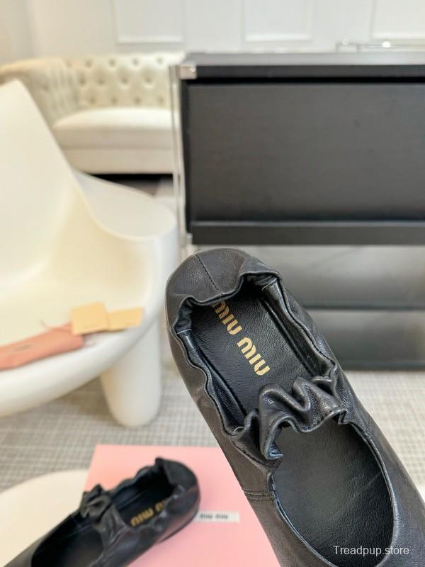 2025 Women Miu Miu Black Leather Ballet Flats
