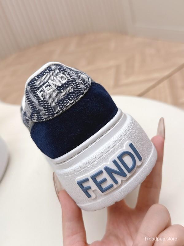2025 Women Fendi Navy Grey Leather Canvas Sneakers LY00340