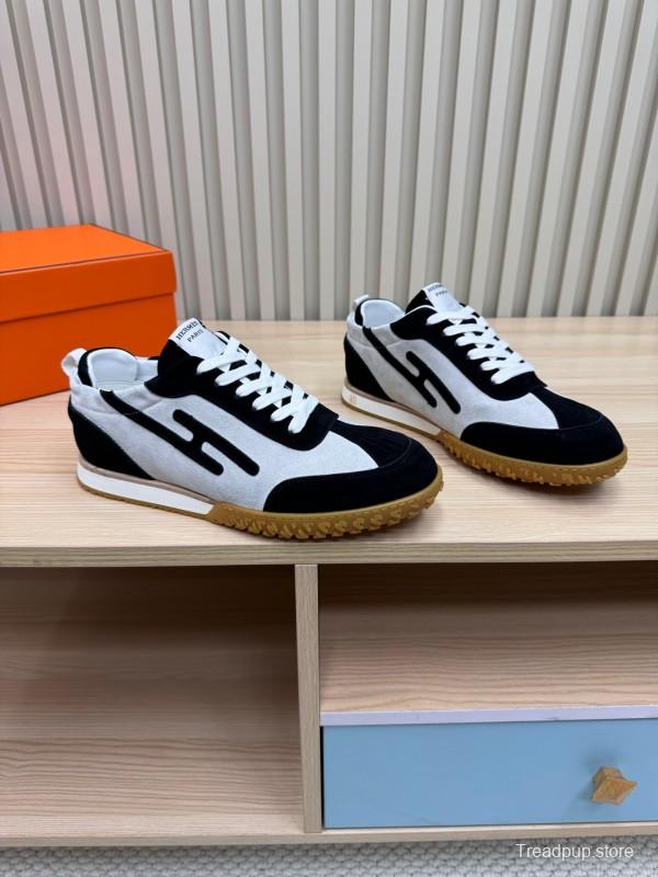 2025 Unisex Hermès Black White Suede Down Fabric Sneakers Top Version KFY00300