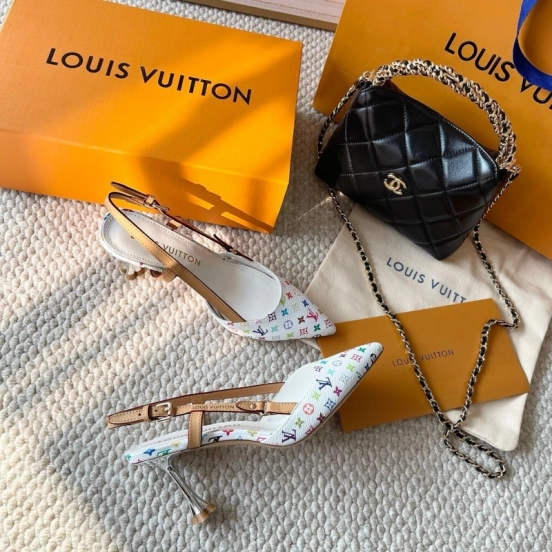 2025 Women Louis Vuitton White Multicolor Canvas Leather Slingback Pumps
