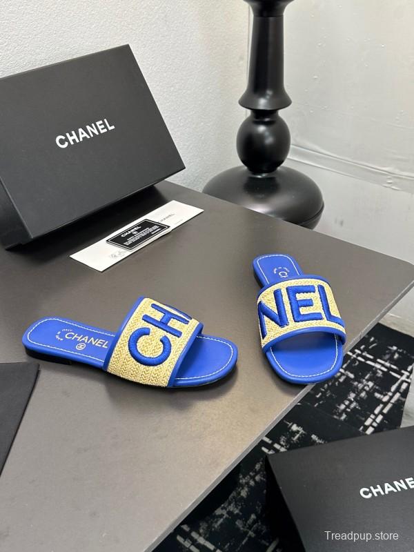 2025 Women CHANEL Blue Beige Canvas Slippers
