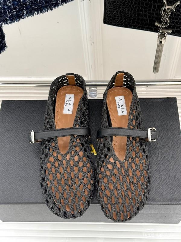 2025 Women AlAIA Black Leather Woven Mary Jane