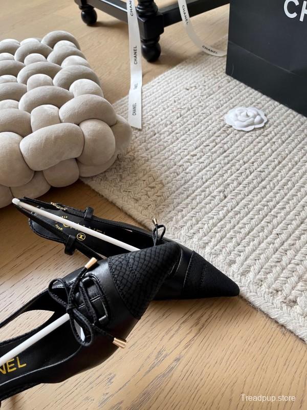 2025 Women Chanel Black Leather Slingback Bowknot Pumps KFY00320