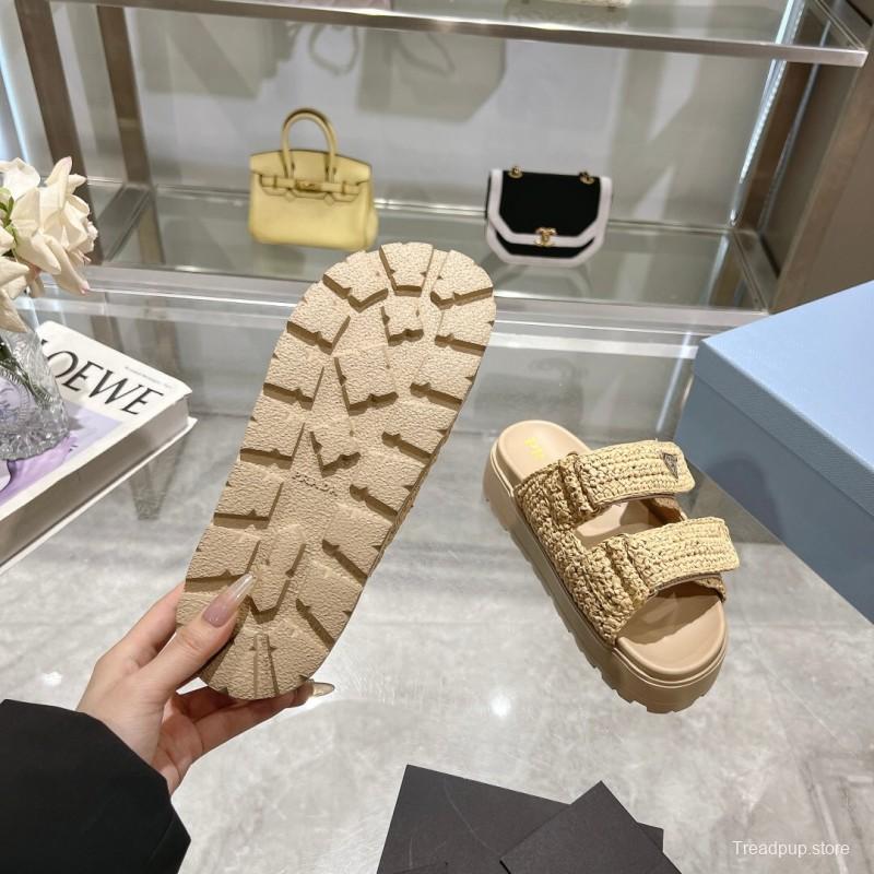 2025 Women Prada Beige Woven Leather Slippers LY