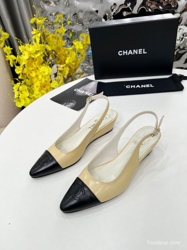 2025 Women Chanel Apricot Black Leather Slingback Flats
