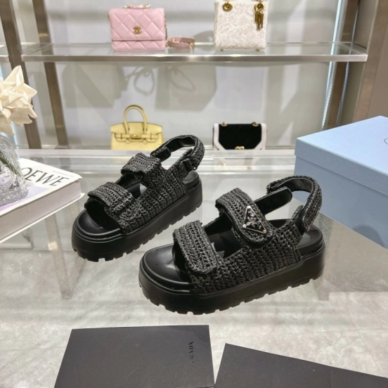 2025 Women Prada Black Woven Leather Sandals LY