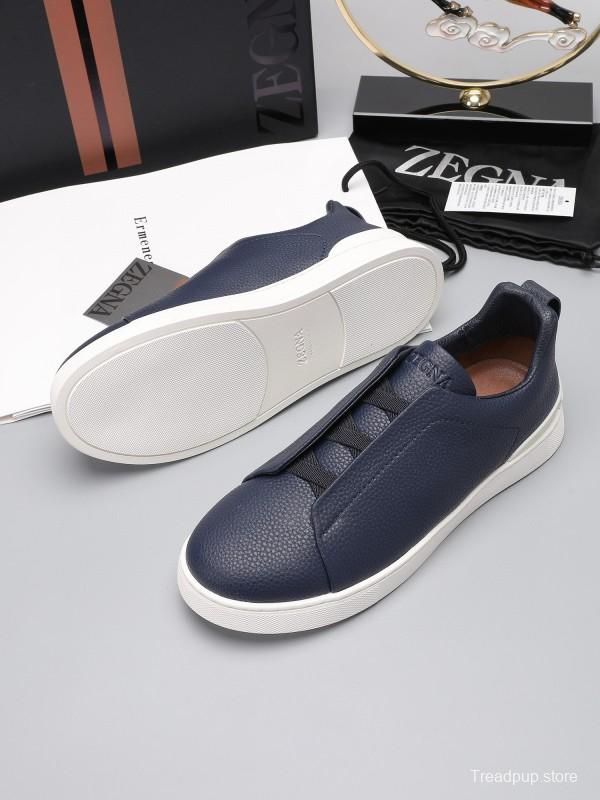 2024 Men Ermenegildo Zegna Navy Leather Low Top Sneakers MJ00240