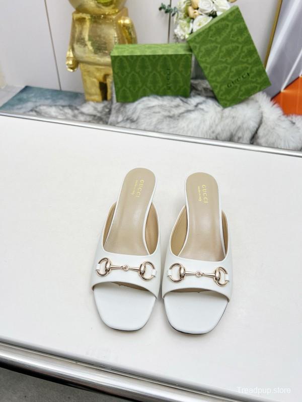 2025 Women Gucci White Leather Heeled Slippers MJ00180