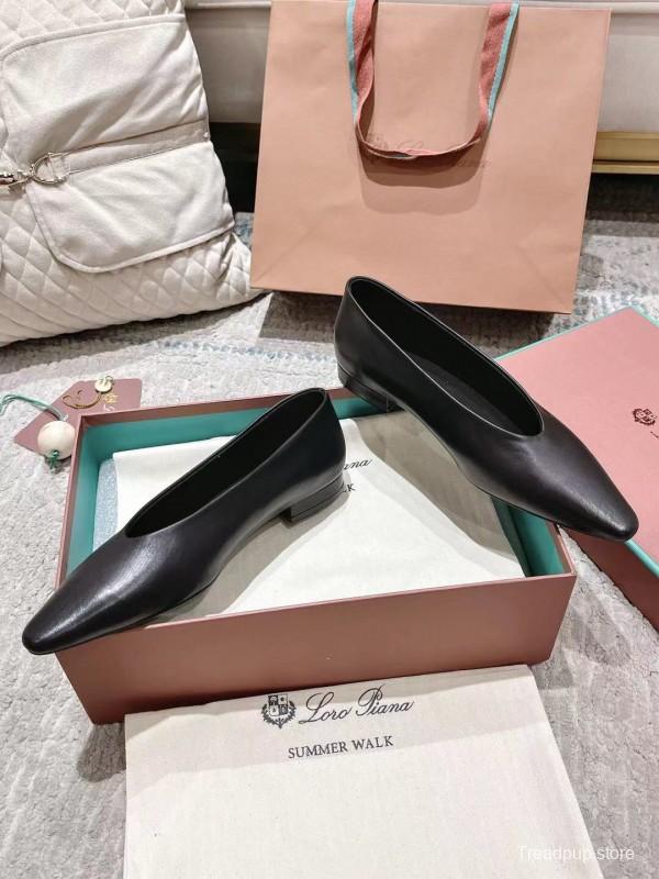 2025 Women LP Black Leather Ballet Flats