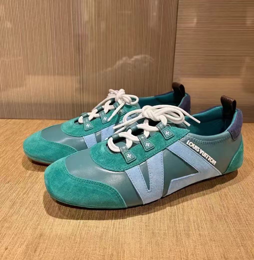 2025 Men Louis Vuitton Green Blue Suede Leather Sneakers