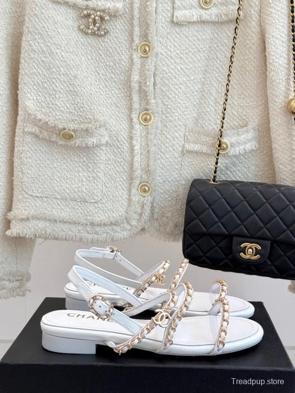 2025 Women Chanel White Leather Chain Strap Sandals
