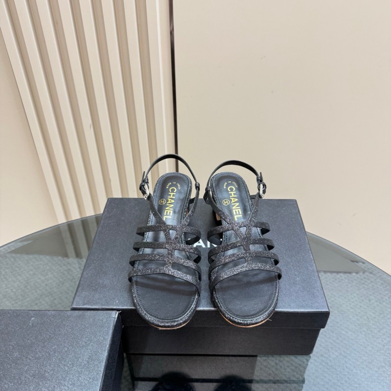2025 Women Chanel Black Leather Sandals KFY00290