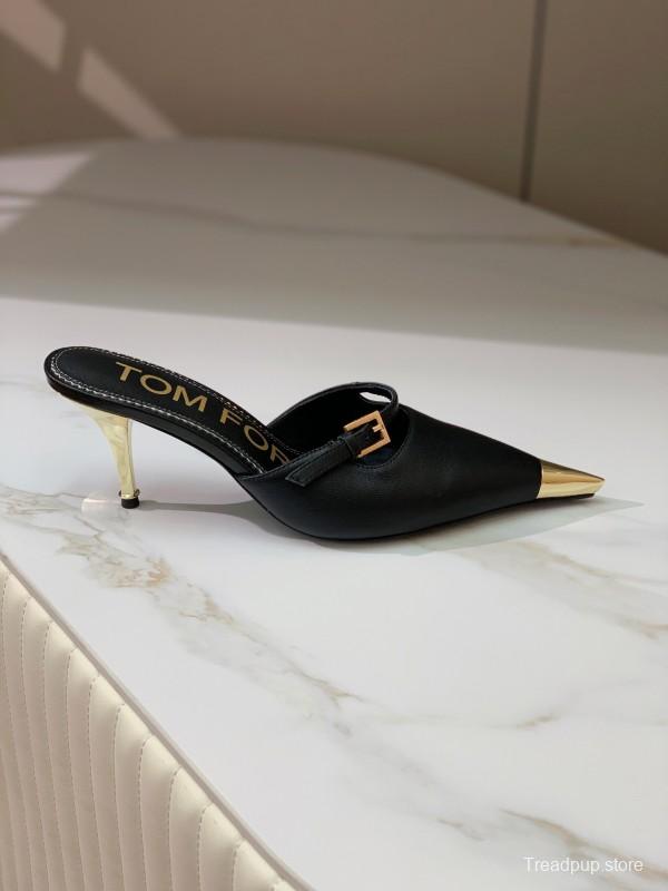 2025 Women TOM FORD Black Gold Leather Heeled Mules KFY00300