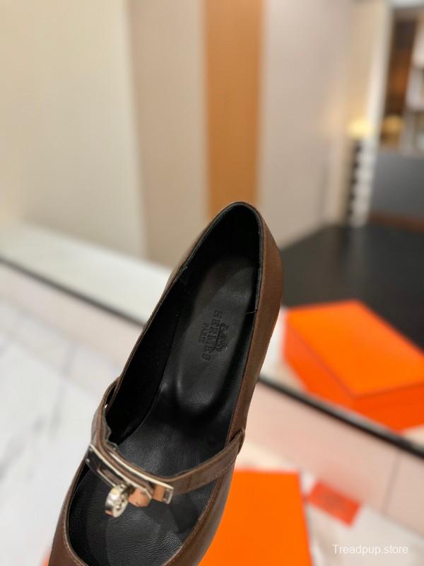 2025 Women Hermès Brown Leather Mary Jane 4cm Heel KFY00330