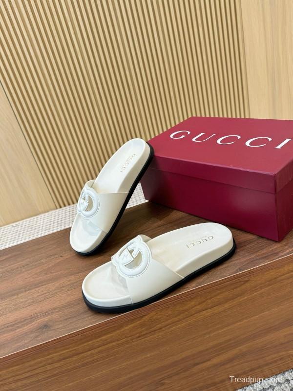 2025 Women Gucci White Leather Slippers GG Logo LY00230