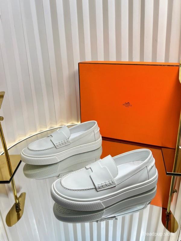 2025 Unisex Hermès White Leather Fabric Loafers LY00310(F)/LY00320(M)