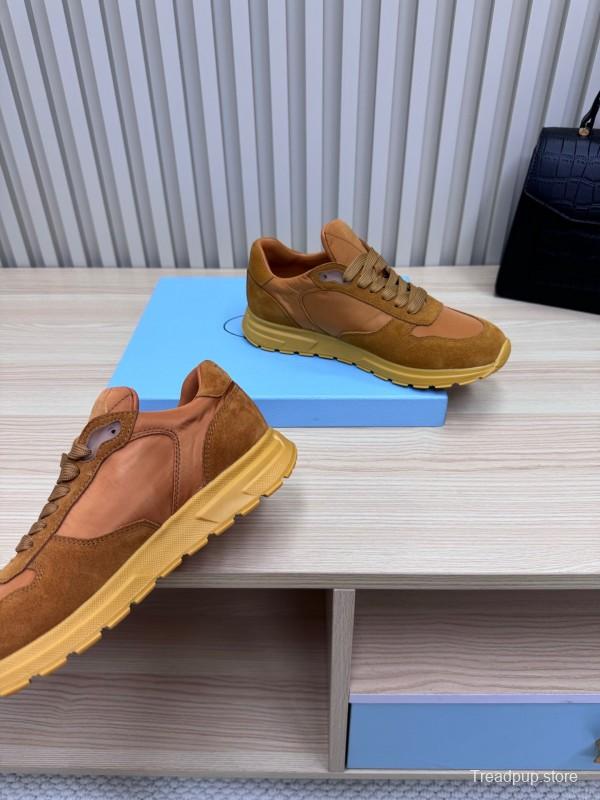 2025 Women Prada Brown Suede Nylon Sneakers LY00300