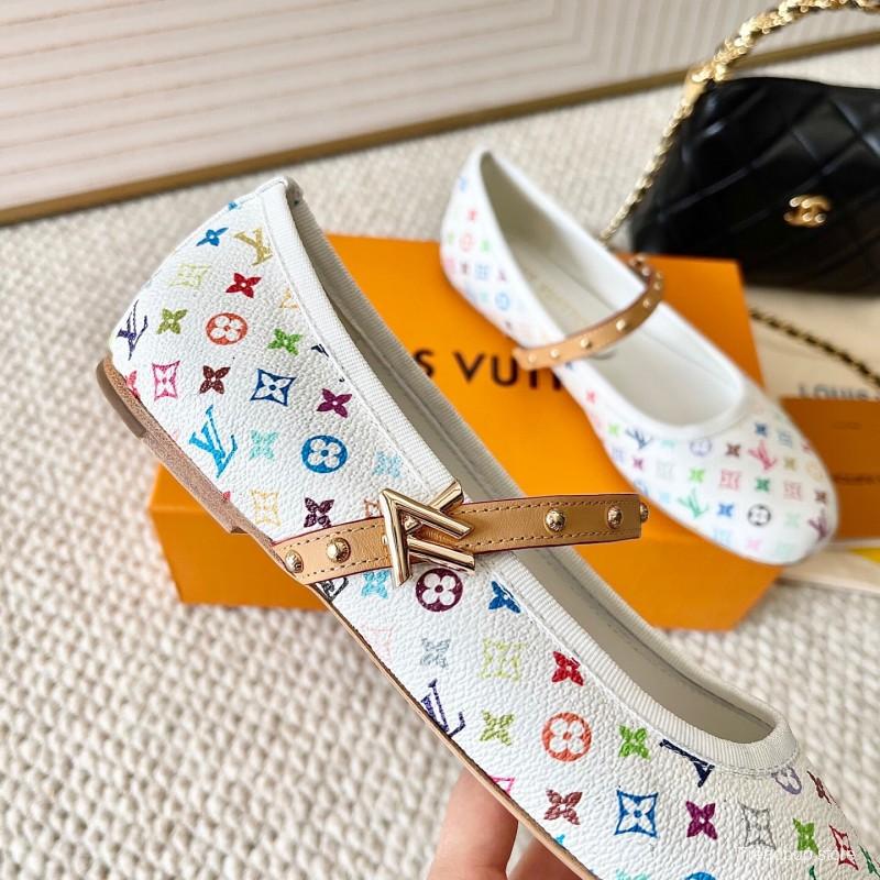 2025 Women Louis Vuitton White Multicolor Leather Ballet Flat