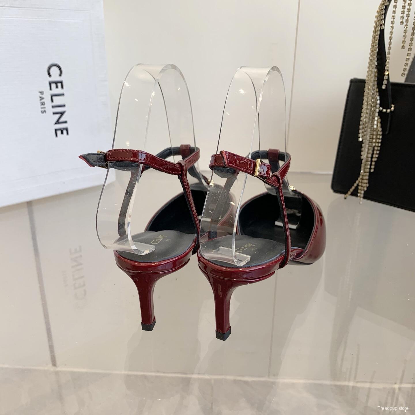 2025 Women Celine Red Patent Leather T-Strap Low Heel