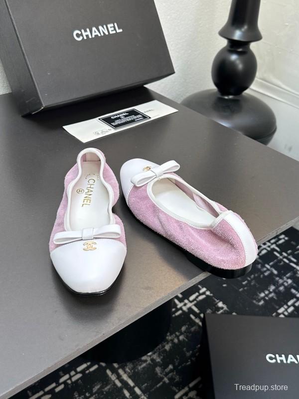 2025 Women CHANEL White Purple Leather Bow Ballet Flats Unisex LY00360(F)