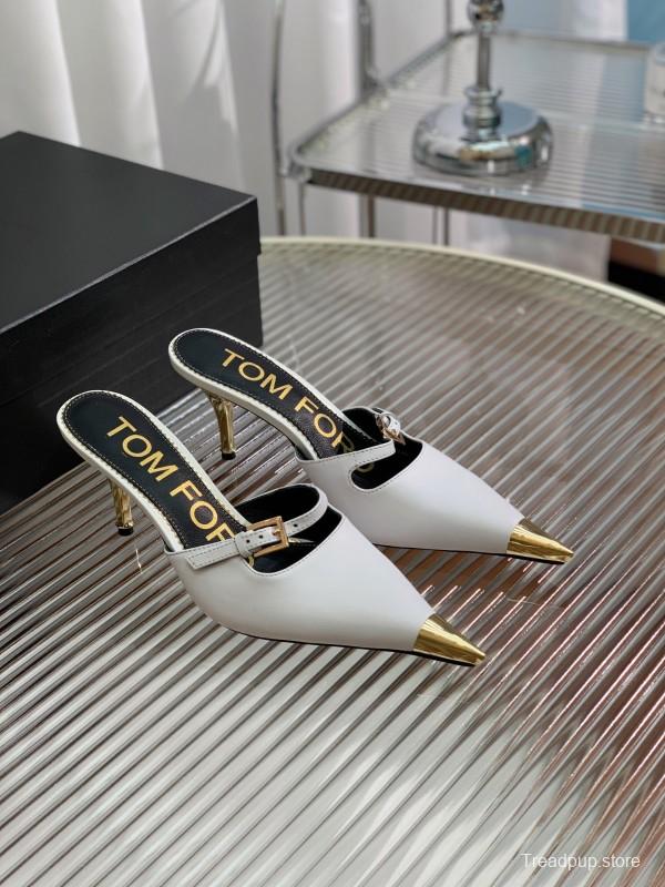 2025 Women TOM FORD White Gold Leather Pointed Toe Mules