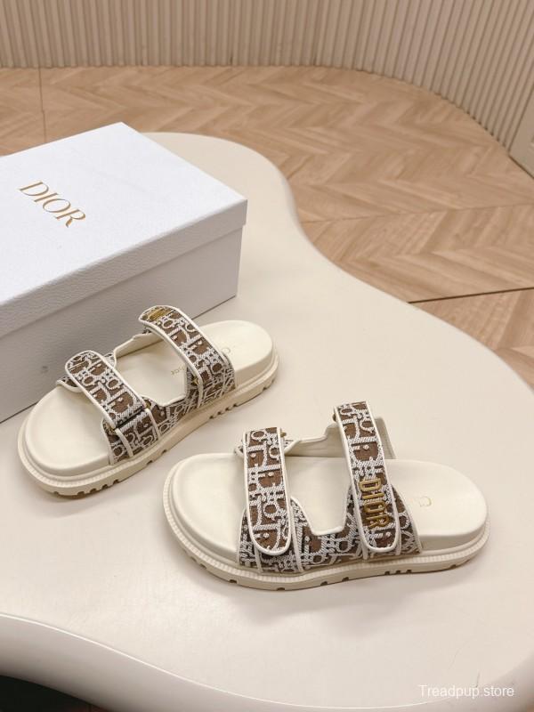 2025 Women Dior Brown Beige Canvas Leather Sandals LY