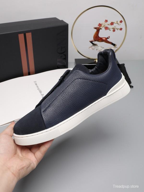 2024 Men Ermenegildo Zegna Navy Blue Leather Suede Low Top Sneakers MJ00240