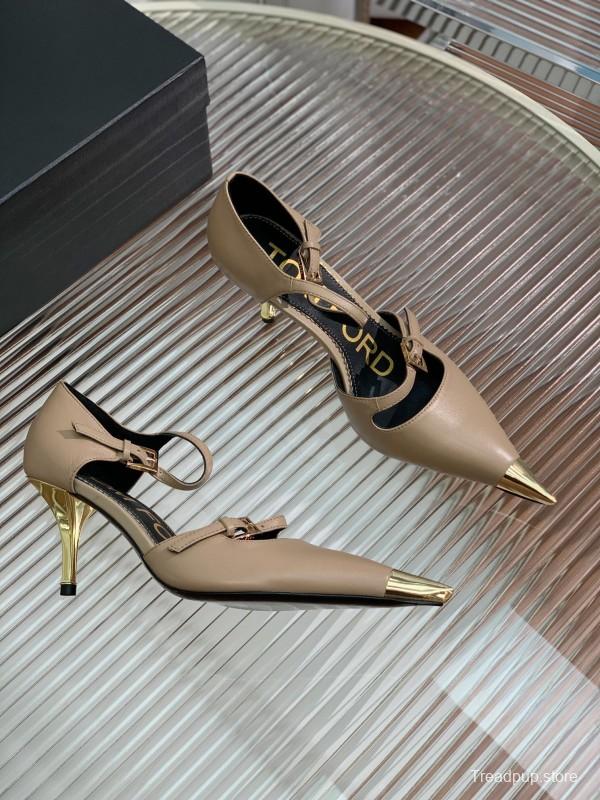 2025 Women TOM FORD Beige Leather Pointed Toe Metal Tip Pumps KFY00320