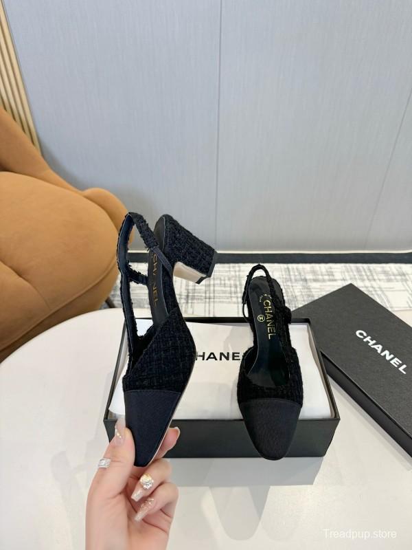 2025 Women Chanel Black Fabric Leather Slingback Heels LY00240