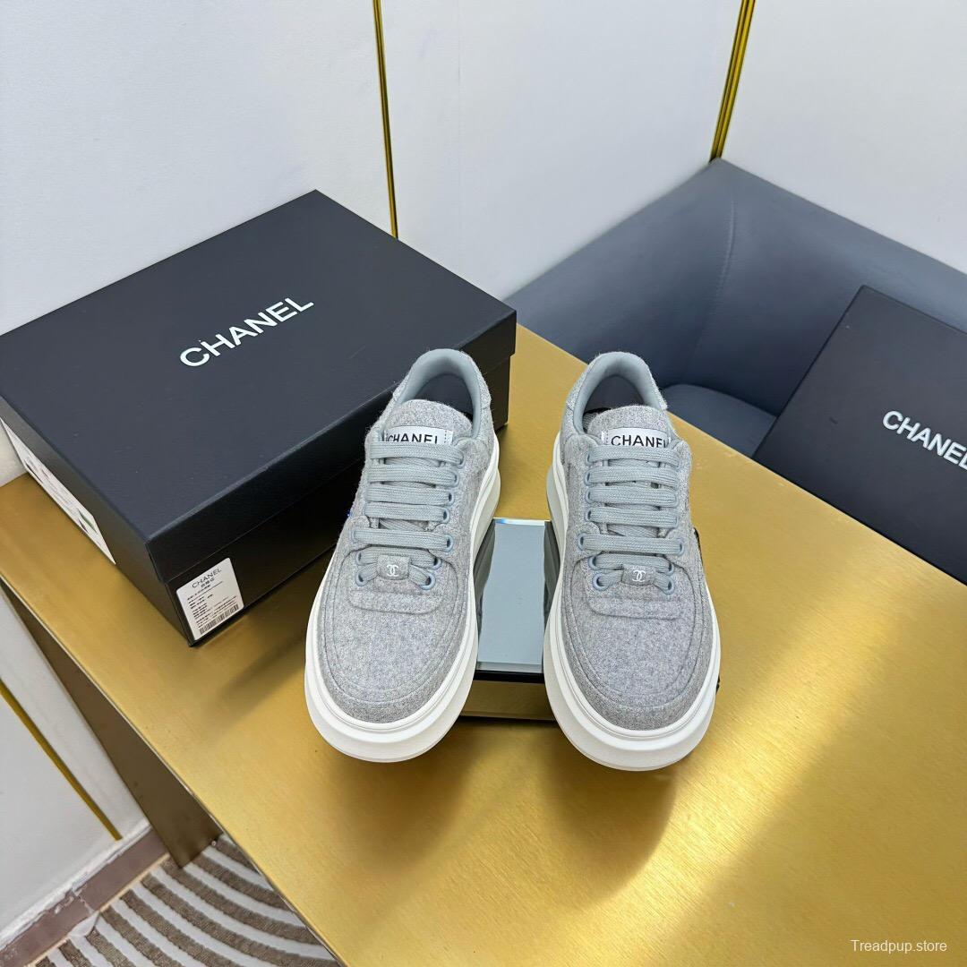 2025 Women Chanel Grey Wool Platform Sneakers