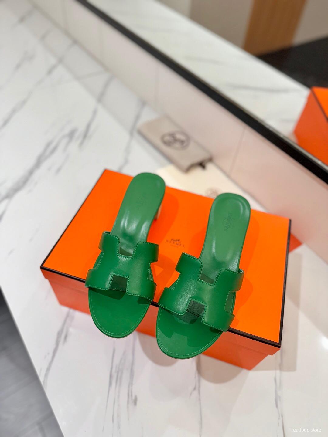 2025 Women Hermès Green Leather Sandal