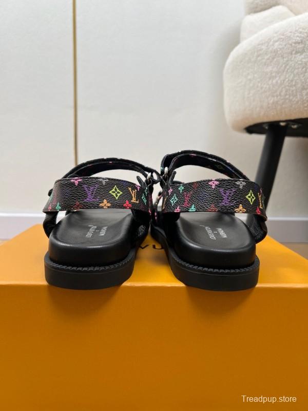 2025 Women Louis Vuitton Black Multicolor Canvas Sandals