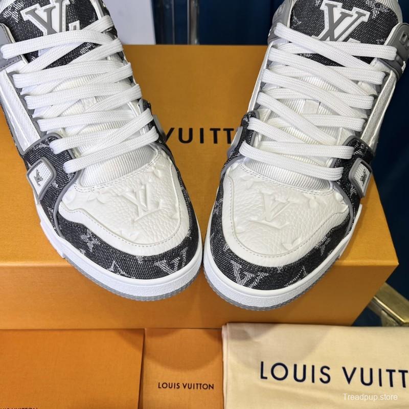 2025 Unisex Louis Vuitton Grey White Canvas Leather Sneakers