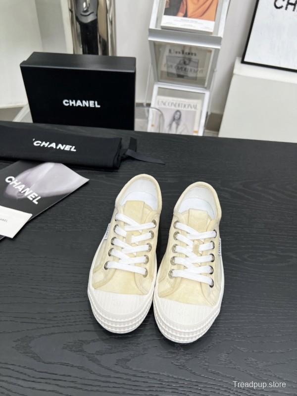 2025 Women Chanel Cream Canvas Leather Casual Sneakers LY00230