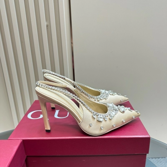 2025 Women Gucci Beige Silk Crystal Embellished Slingback Heels MJ00340