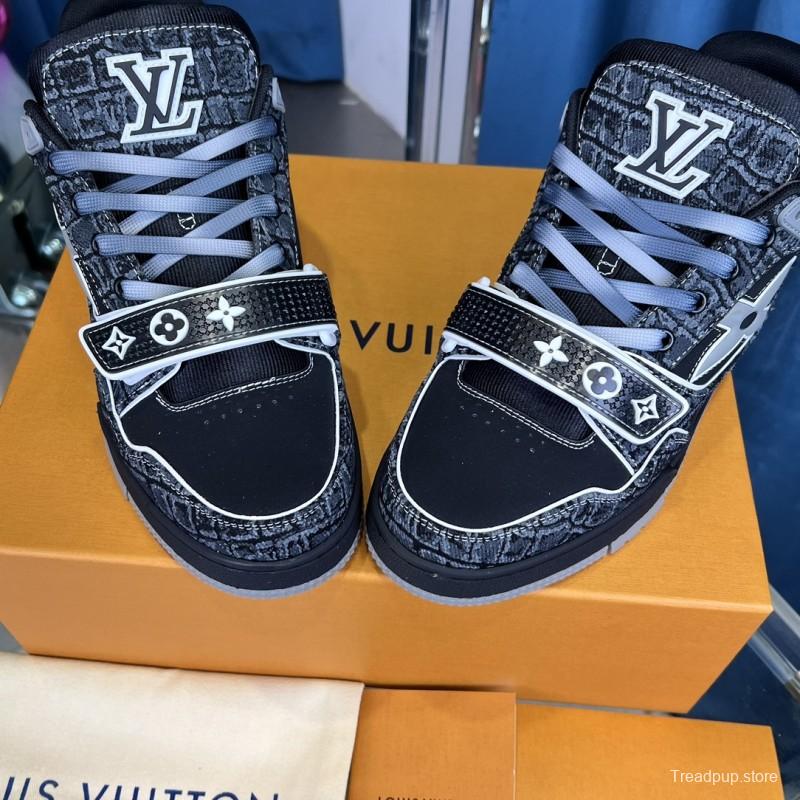 2025 Unisex Louis Vuitton Black Grey Leather Canvas Plimsolls Stitching LV0038